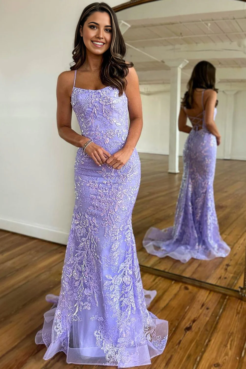 Spaghetti Straps Lace Up Lilac Long Corset Prom Dress With Appliques